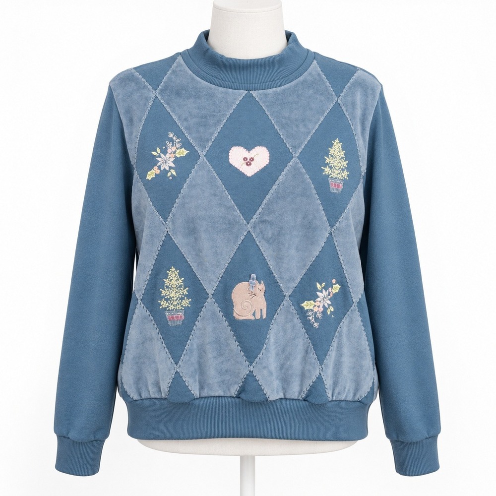 Vintage 90s Floral Embroidered Cat Velour Sweatshirt Blue Argyle Cottage Granny